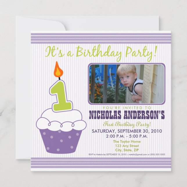 Sweet Cupcake 1st Birthday Party Invitation Purple (Front)