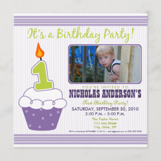 Sweet Cupcake 1st Birthday Party Invitation Purple