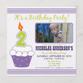 Sweet Cupcake 2nd Birthday Party Invitation Purple