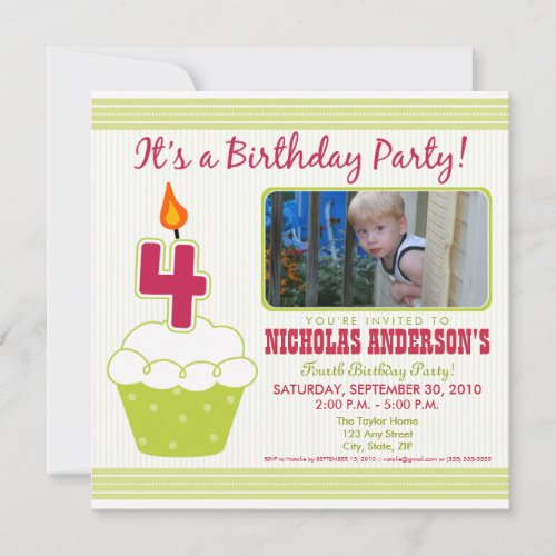 Sweet Cupcake 4th Birthday Party Invitation Lime