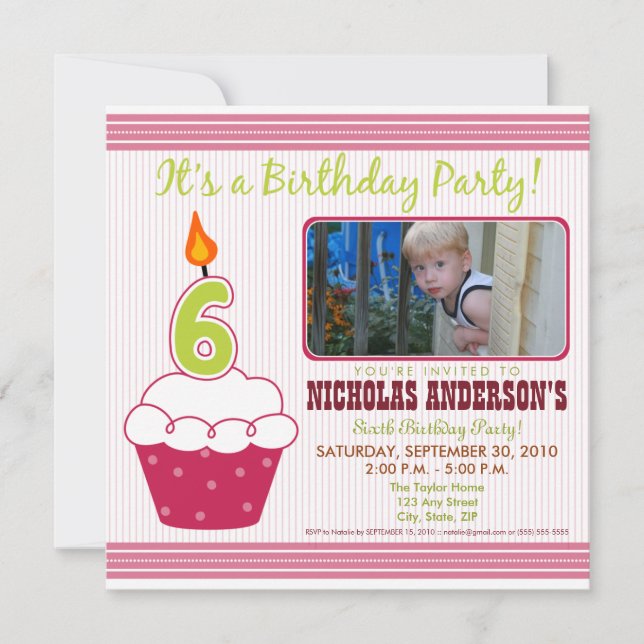 Sweet Cupcake 6th Birthday Party Invitation Pink (Front)