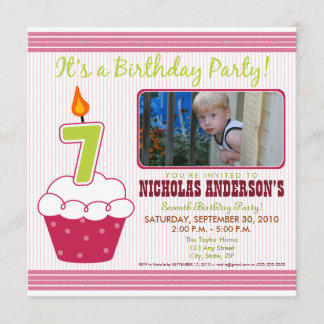 Sweet Cupcake 7th Birthday Party Invitation Pink