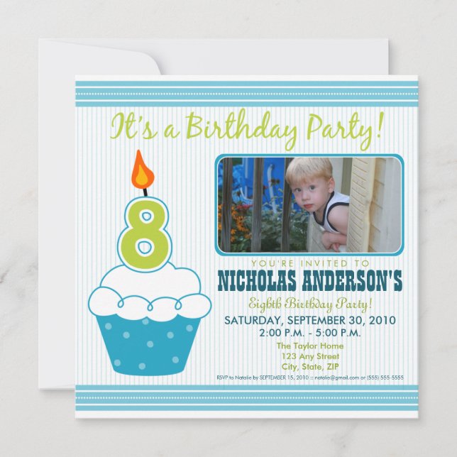 Sweet Cupcake 8th Birthday Party Invitation Aqua (Front)
