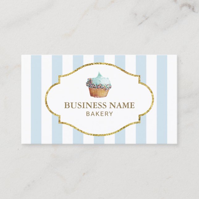Sweet Cupcake Bakery Pastry Chef Mint Blue Stripes Business Card (Front)