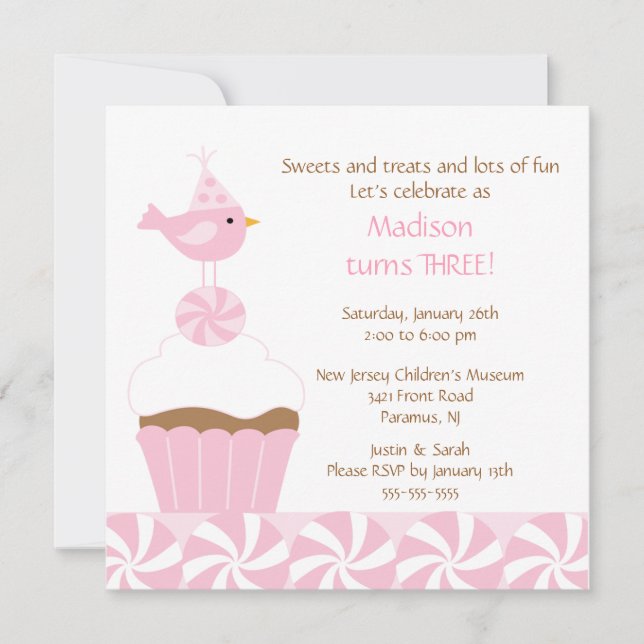 Sweet Cupcake Birdie Birthday Invitation (Front)