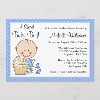 Sweet Cupcake Blue Polka Dot Boy Baby Shower Invitation by WhimsicalPrintStudio at Zazzle