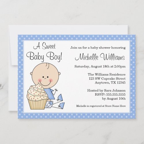 Sweet Cupcake Blue Polka Dot Boy Baby Shower Invitation