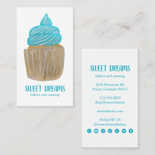 Sweet Cupcake Catering Bakery Blue Social Icons Business Card