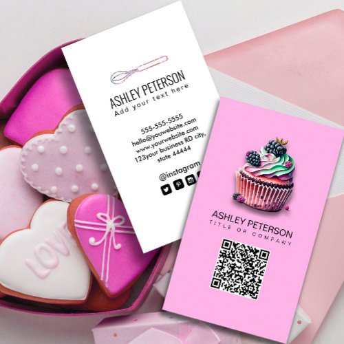 Sweet Cupcake Catering Bakery Pink QR Code Social Business Card