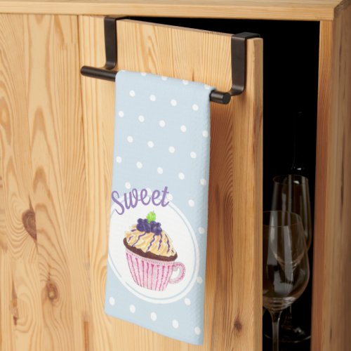 Sweet cupcake kitchen towel blue with white dots
