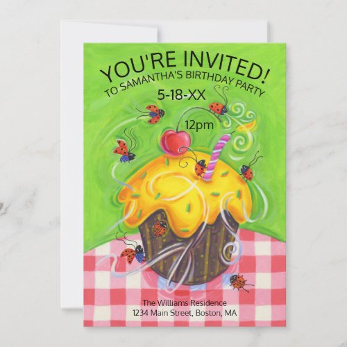 Sweet Cupcake Ladybug Birthday Party Invitation