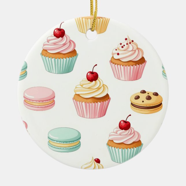 Sweet Cupcake Macaron Pattern Ceramic Ornament (Front)