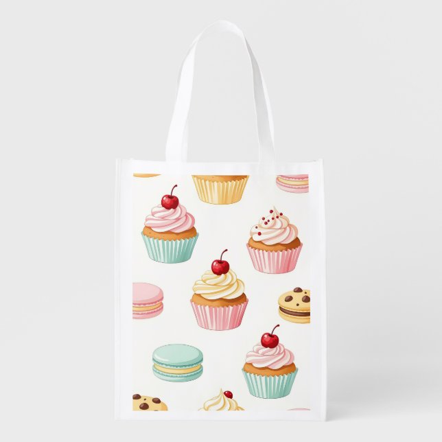 Sweet Cupcake Macaron Pattern Grocery Bag (Front)