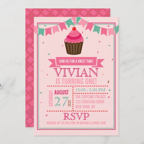 Sweet Cupcake Pink and GreenFirst Birthday Party Invitation