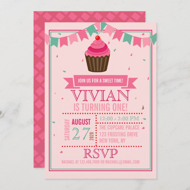 Sweet Cupcake Pink and Green/First Birthday Party Invitation (Front/Back)