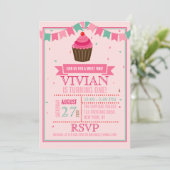 Sweet Cupcake Pink and Green/First Birthday Party Invitation (Standing Front)