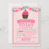 Sweet Cupcake Pink and Green/First Birthday Party Invitation (Front)