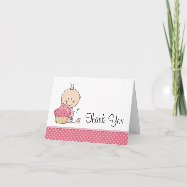 Sweet Cupcake Pink Polka Dot Baby Girl Thank You Card (Front)