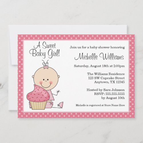 Sweet Cupcake Pink Polka Dot Girl Baby Shower Custom Announcements