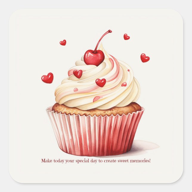Sweet Cupcake Red Hearts Valentine's Day Card Square Sticker (Front)