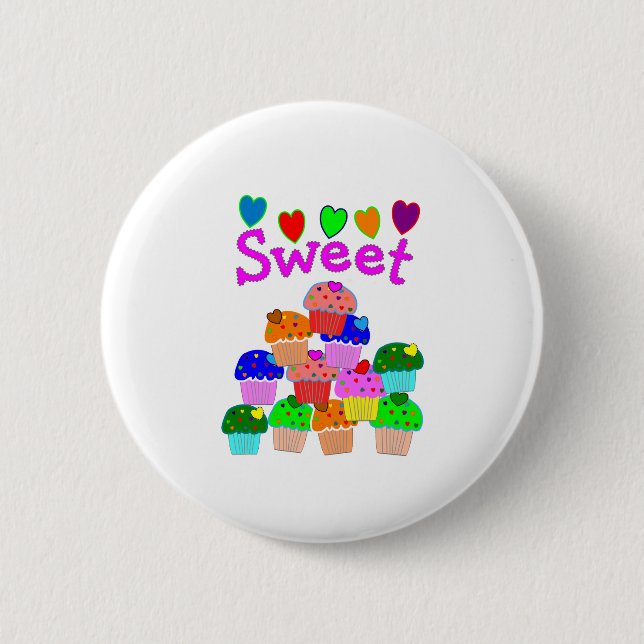 "Sweet" Cupcake Stack with Bright Hearts Pinback Button (Front)