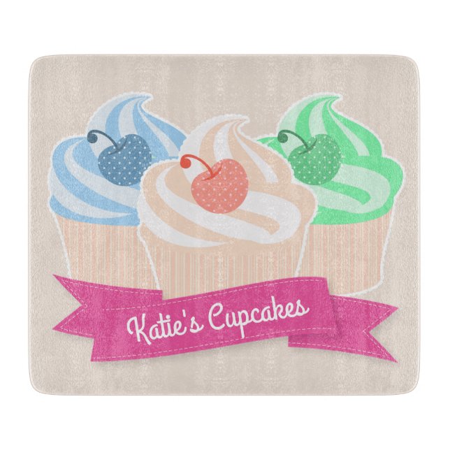 Sweet Cupcake Trio Personalised Pink Cutting Board (Front)