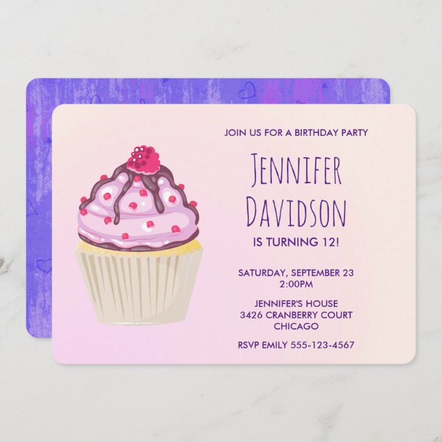 Sweet Cupcake with Raspberry on Top Invitation (Front/Back)