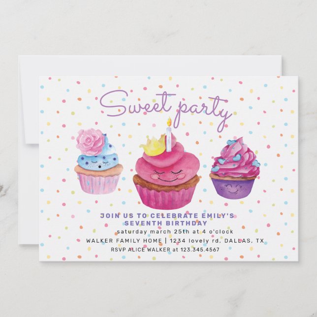 Sweet cupcakes and sprinkles birthday invitation (Front)