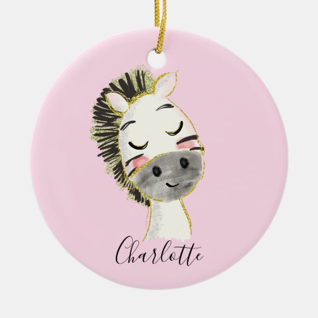 Sweet, Cute and Girly Pastel Blush Pink Baby Zebra Ceramic Ornament (Front)