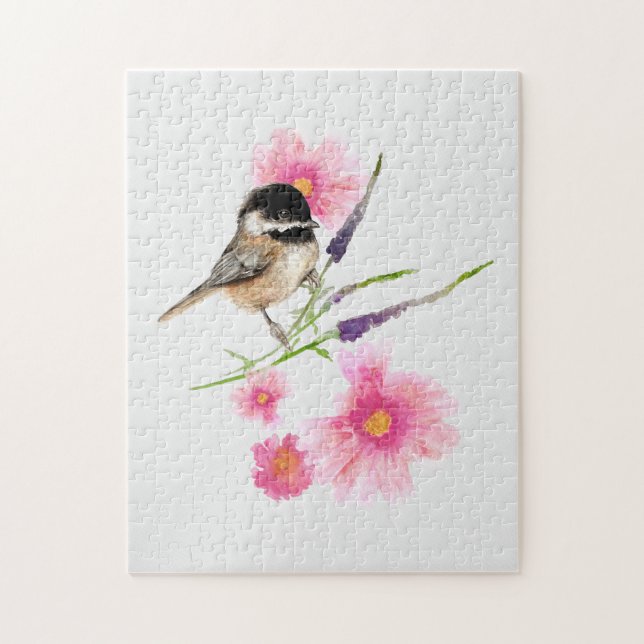 Sweet Cute Chickadee Black Capped Bird Watercolor Jigsaw Puzzle (Vertical)