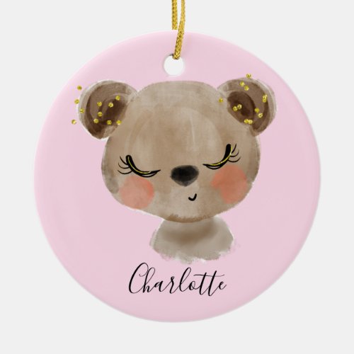 Sweet Cute Girly Pastel Blush Pink Baby Brown Bear Ceramic Ornament