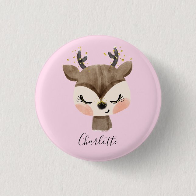 Sweet Cute & Girly Pastel Blush Pink Baby Reindeer Button (Front)