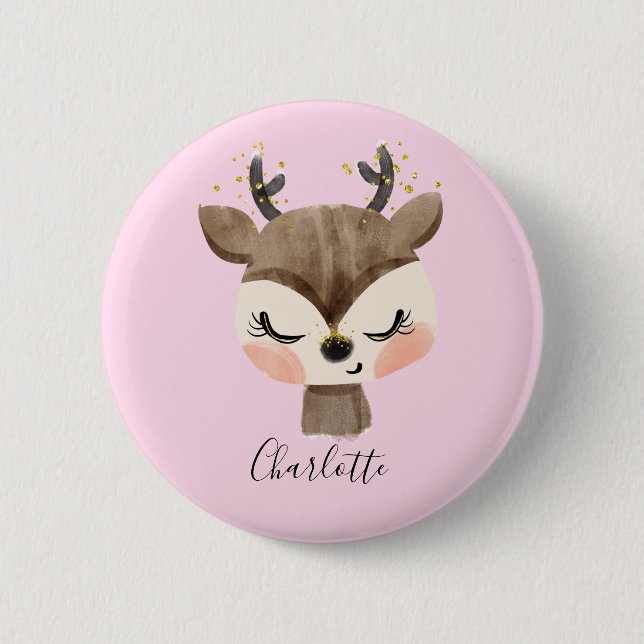 Sweet Cute & Girly Pastel Blush Pink Baby Reindeer Button (Front)