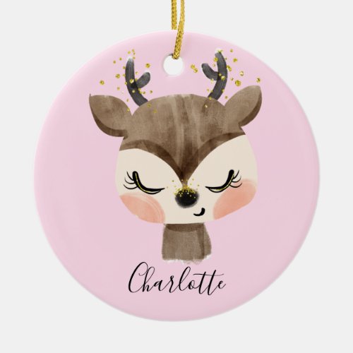 Sweet Cute  Girly Pastel Blush Pink Baby Reindeer Ceramic Ornament