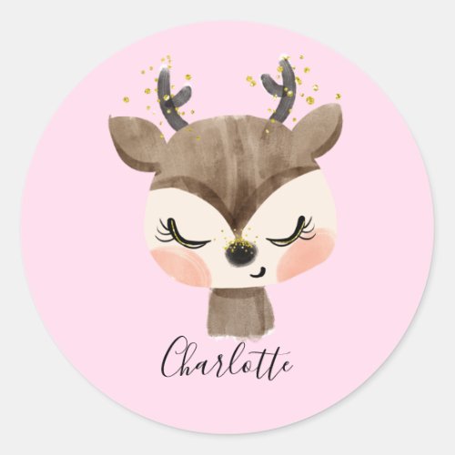 Sweet Cute  Girly Pastel Blush Pink Baby Reindeer Classic Round Sticker