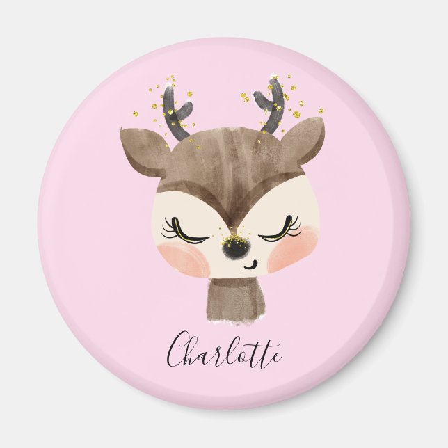 Sweet Cute & Girly Pastel Blush Pink Baby Reindeer Magnet (Front)