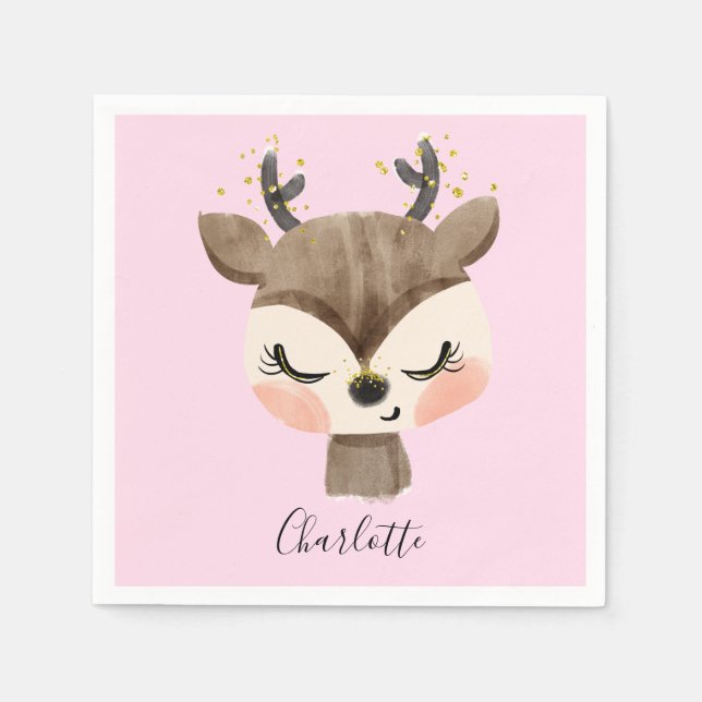 Sweet Cute & Girly Pastel Blush Pink Baby Reindeer Napkins (Front)