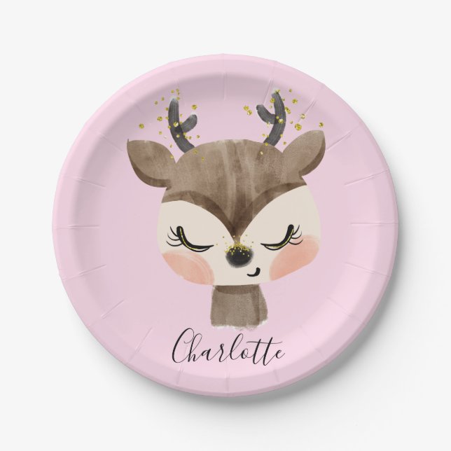 Sweet Cute & Girly Pastel Blush Pink Baby Reindeer Paper Plates (Front)