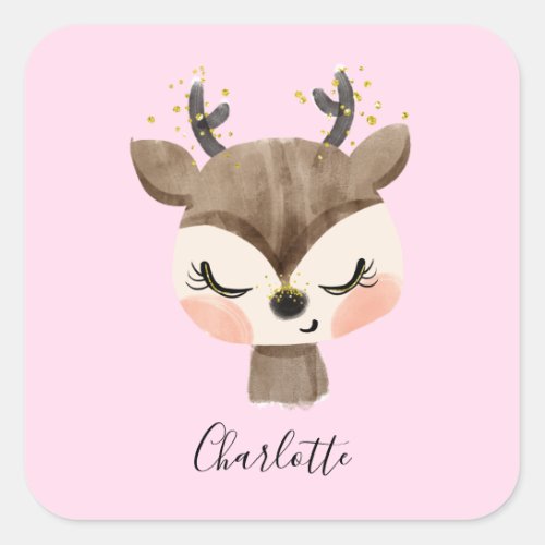 Sweet Cute  Girly Pastel Blush Pink Baby Reindeer Square Sticker