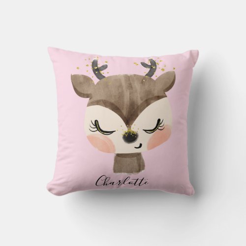 Sweet Cute  Girly Pastel Blush Pink Baby Reindeer Throw Pillow