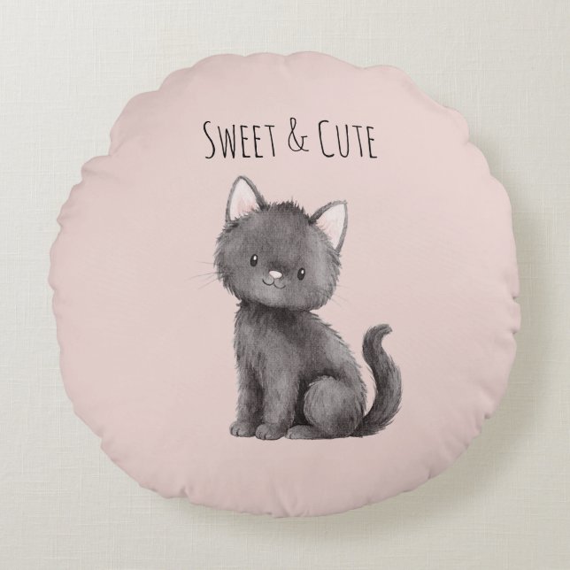 Sweet Cute Grey Cat Round Pillow (Front)