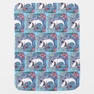 Sweet Cute Kawaii Shark Boba Tea Pattern Baby Blanket