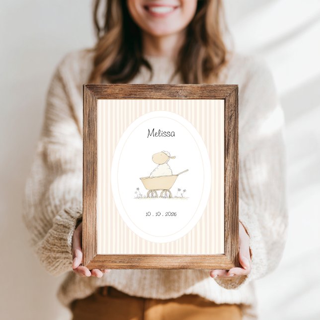 Sweet Cute Sheep Beige Nursery Name Date Poster (customizable name date baby nursery poster with a cute sheep in a wheelbarrow and beige stripes.)