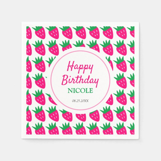 Sweet Cute Strawberry Pink Birthday  Napkins (Front)