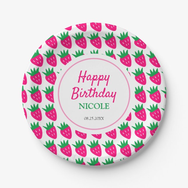 Sweet Cute Strawberry Pink Birthday  Paper Plates (Front)
