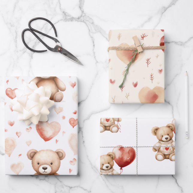 Sweet Cute Teddy Bear Heart Baby Shower Wrapping Paper Sheets (Front)