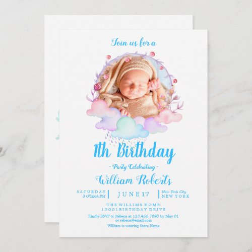 Sweet cute Unicorn Watercolor Boy First Birthday Invitation