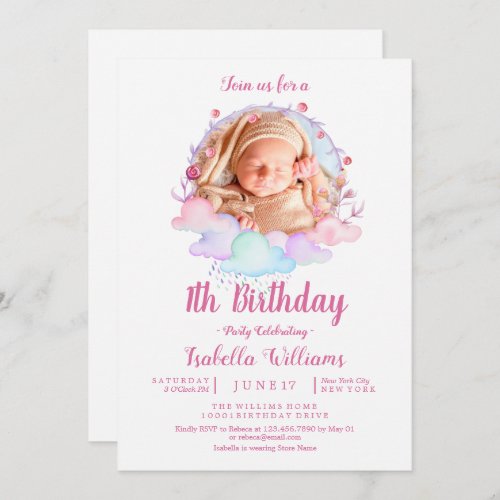 Sweet cute Unicorn Watercolor Girl First Birthday Invitation