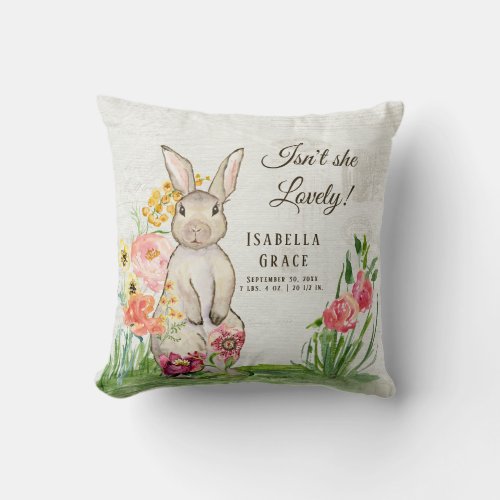 Sweet Cute Watercolor French Rabbit Floral Vintage Throw Pillow