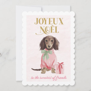 Sweet Dachshund Pink Joyeux Noël Holiday Card